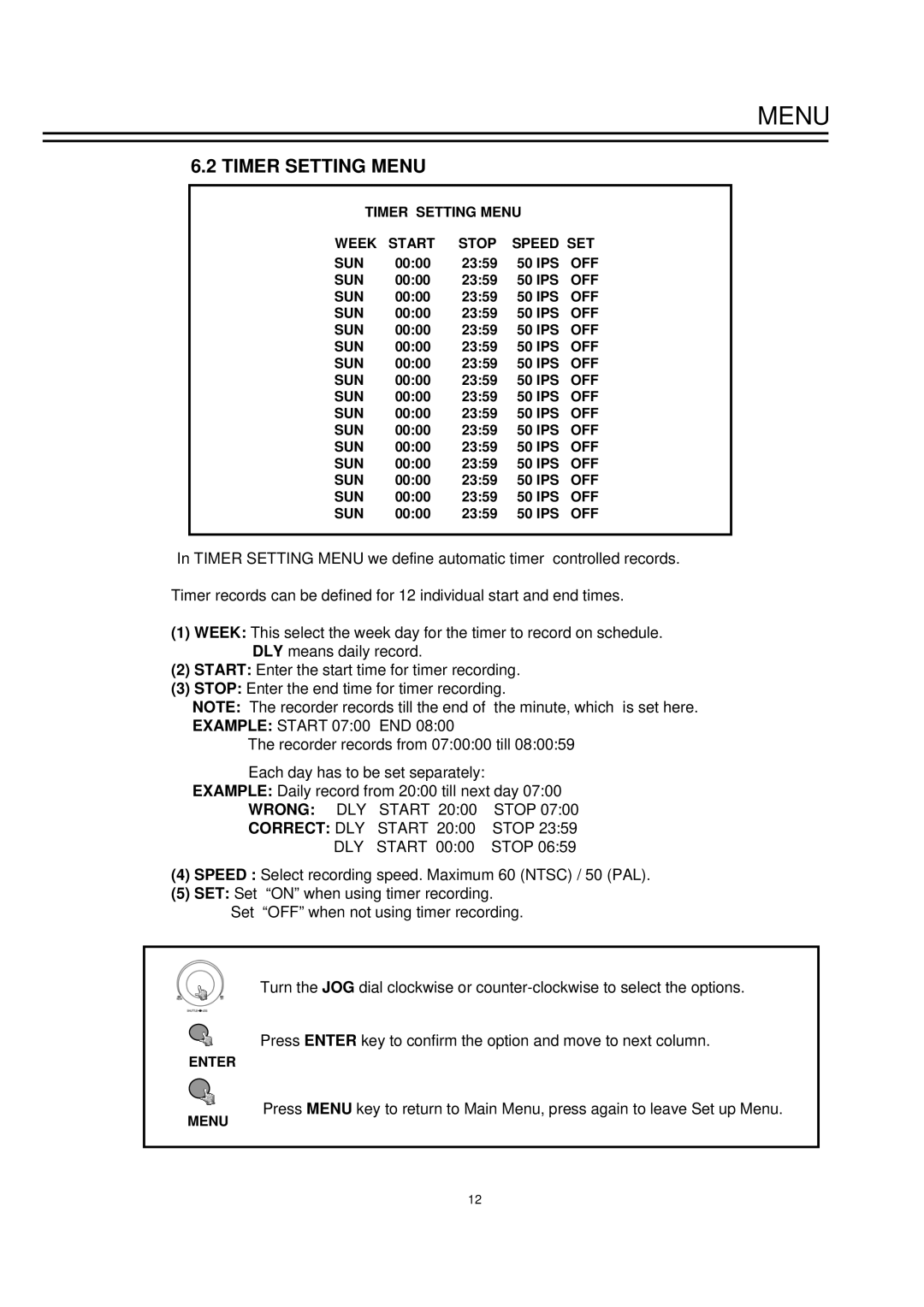 EverFocus EDSR1600 instruction manual Timer Setting Menu, Wrong DLY Start 2000 Stop 