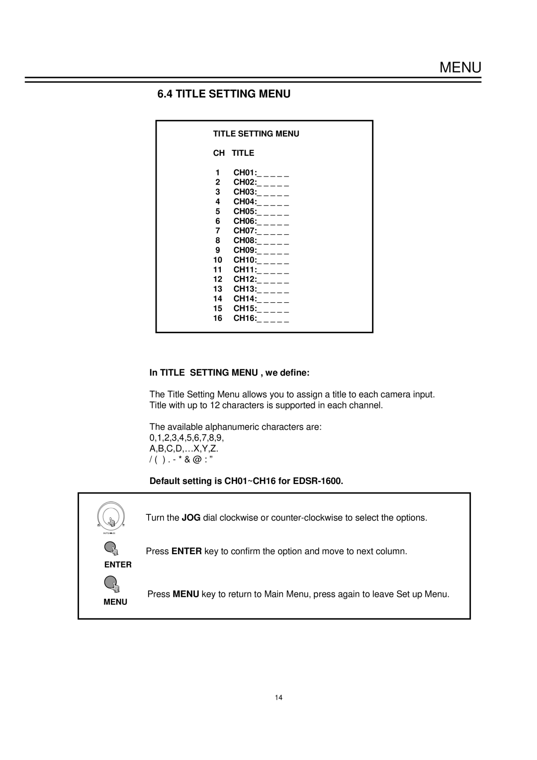 EverFocus EDSR1600 instruction manual Title Setting Menu , we define, Default setting is CH01~CH16 for EDSR-1600 