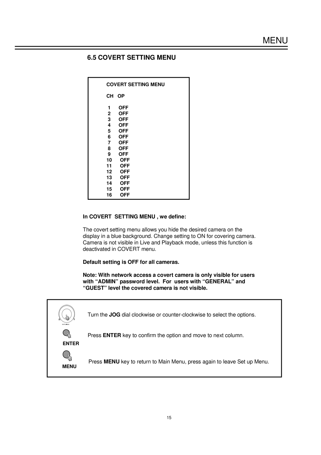 EverFocus EDSR1600 instruction manual Covert Setting Menu , we define, Default setting is OFF for all cameras 