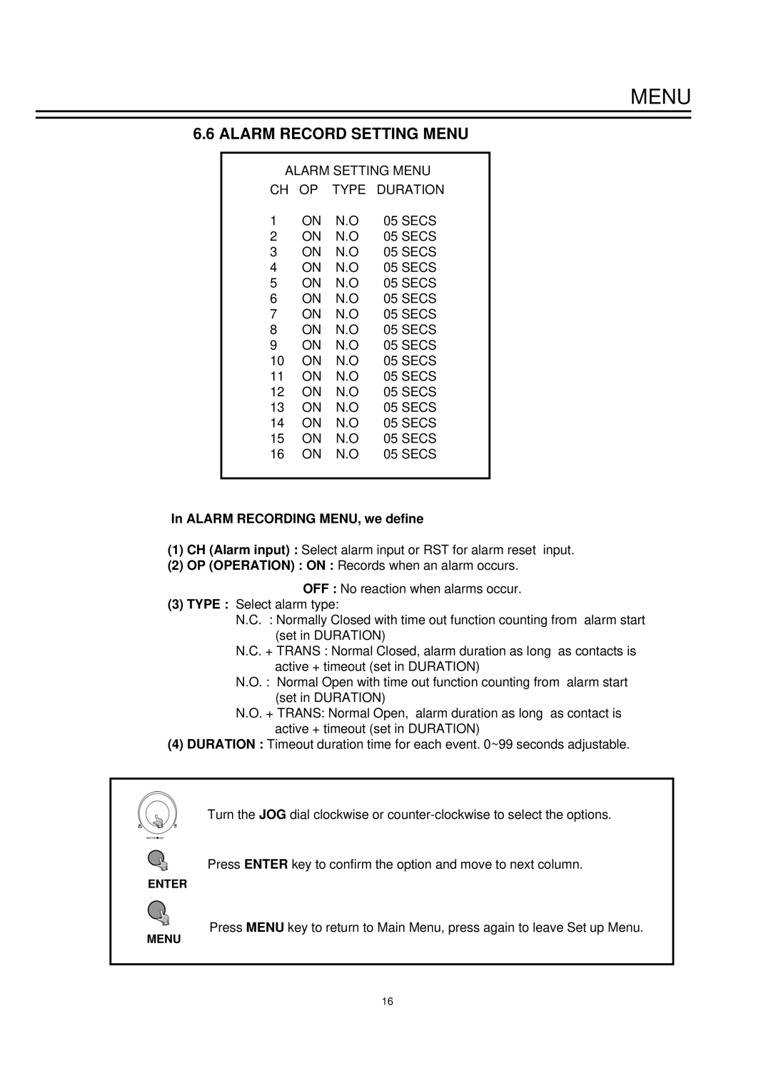 EverFocus EDSR1600 instruction manual Alarm Record Setting Menu, Alarm Recording MENU, we define 