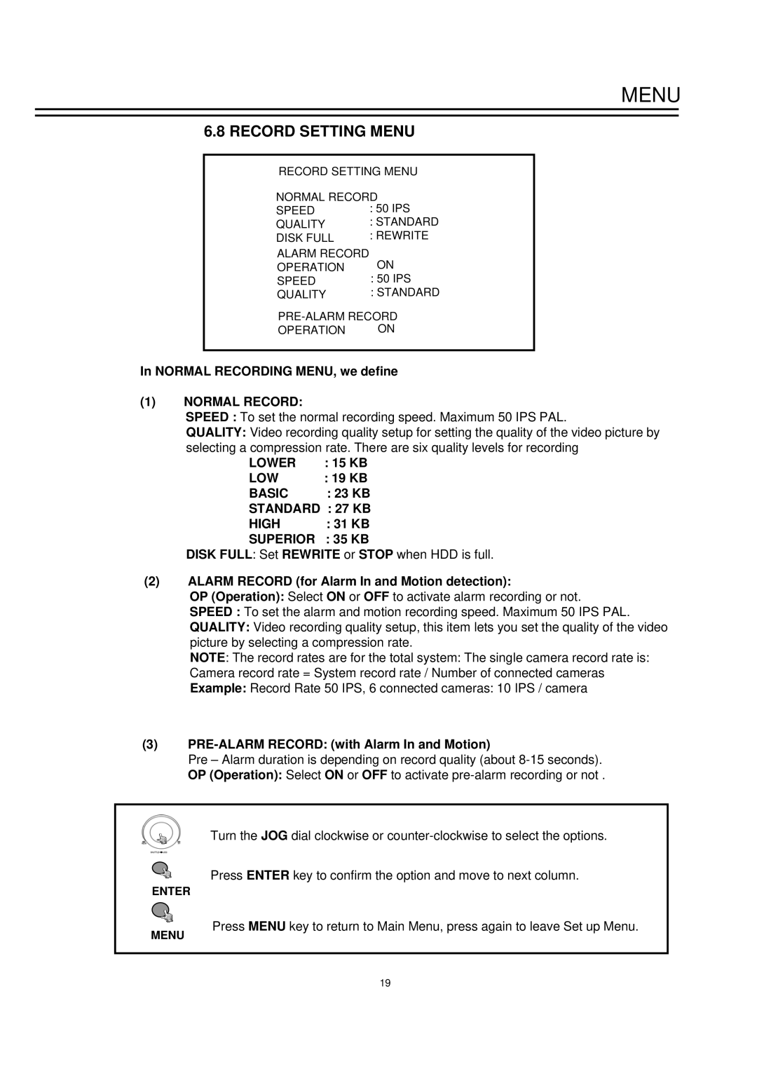 EverFocus EDSR1600 instruction manual Record Setting Menu 