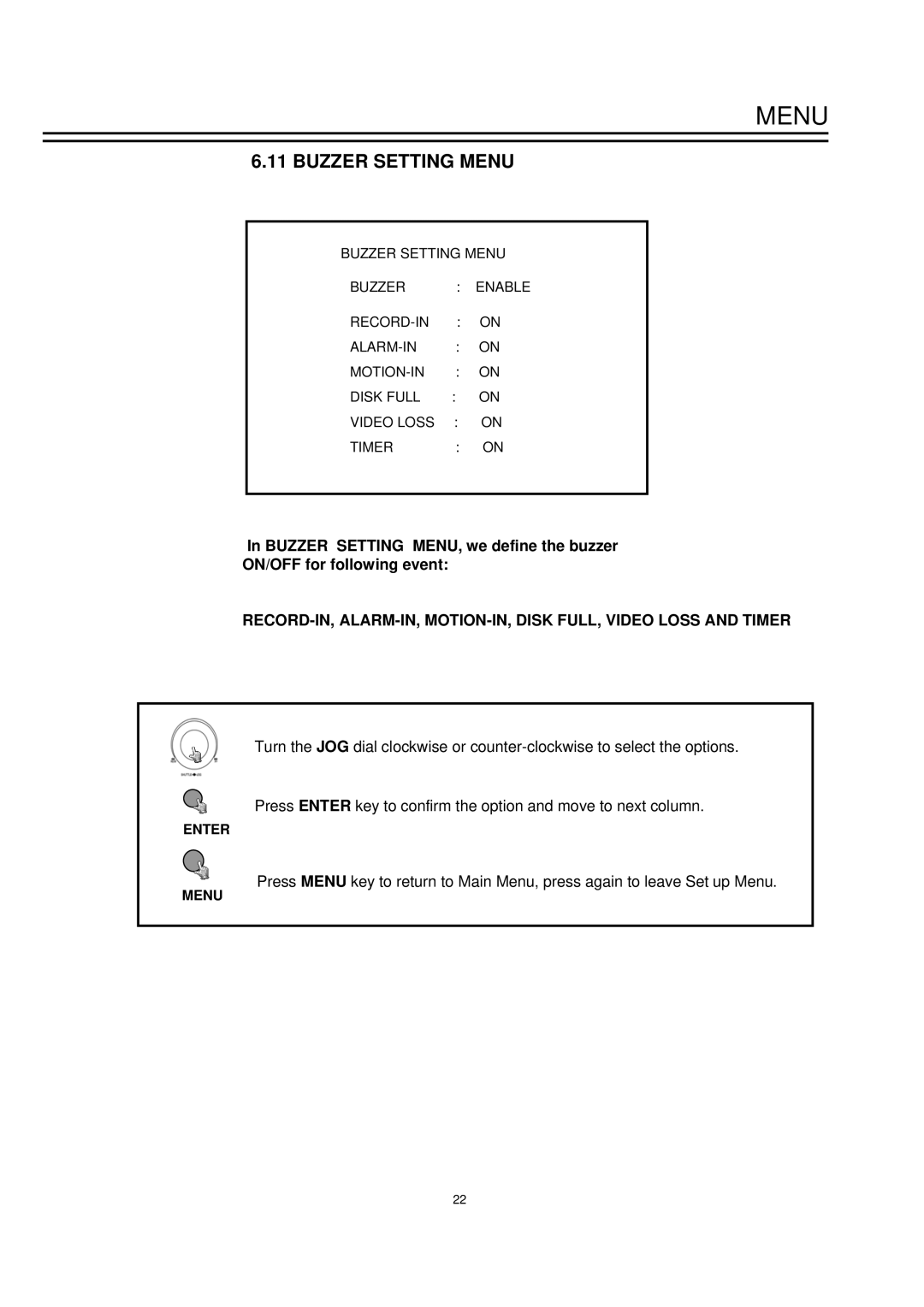 EverFocus EDSR1600 instruction manual Buzzer Setting Menu 