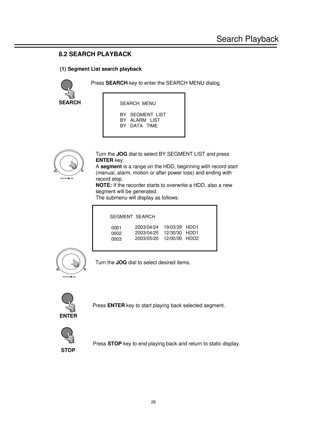 EverFocus EDSR1600 instruction manual Search Playback, Enter, Stop 