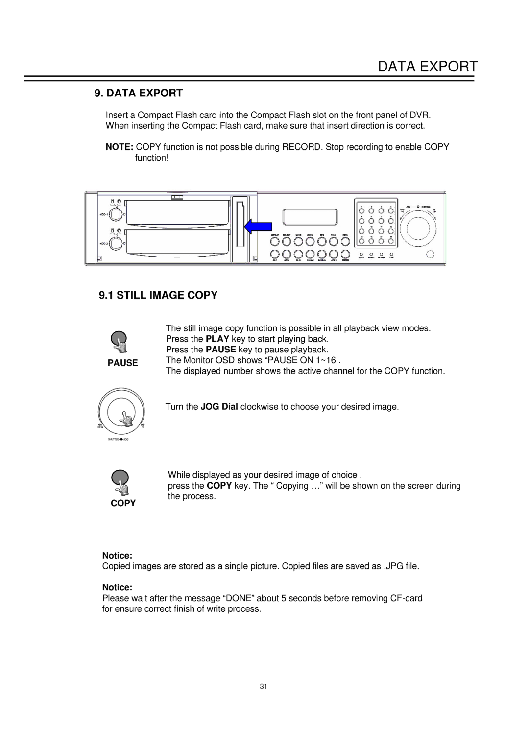 EverFocus EDSR1600 instruction manual Data Export, Still Image Copy, Pause Copy 