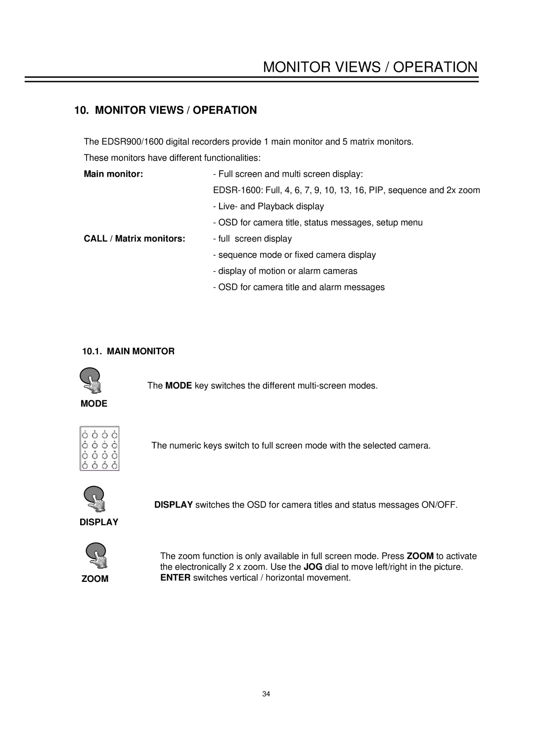 EverFocus EDSR1600 instruction manual Monitor Views / Operation, Call / Matrix monitors, Main Monitor, Mode Display Zoom 