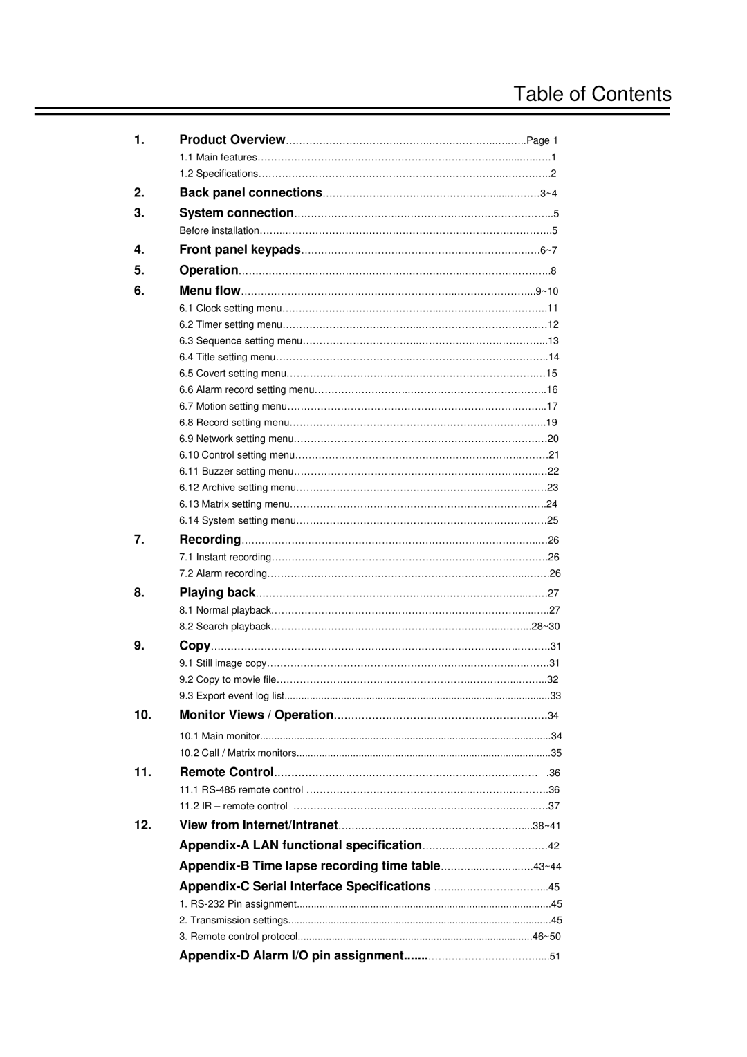 EverFocus EDSR1600 instruction manual Table of Contents 