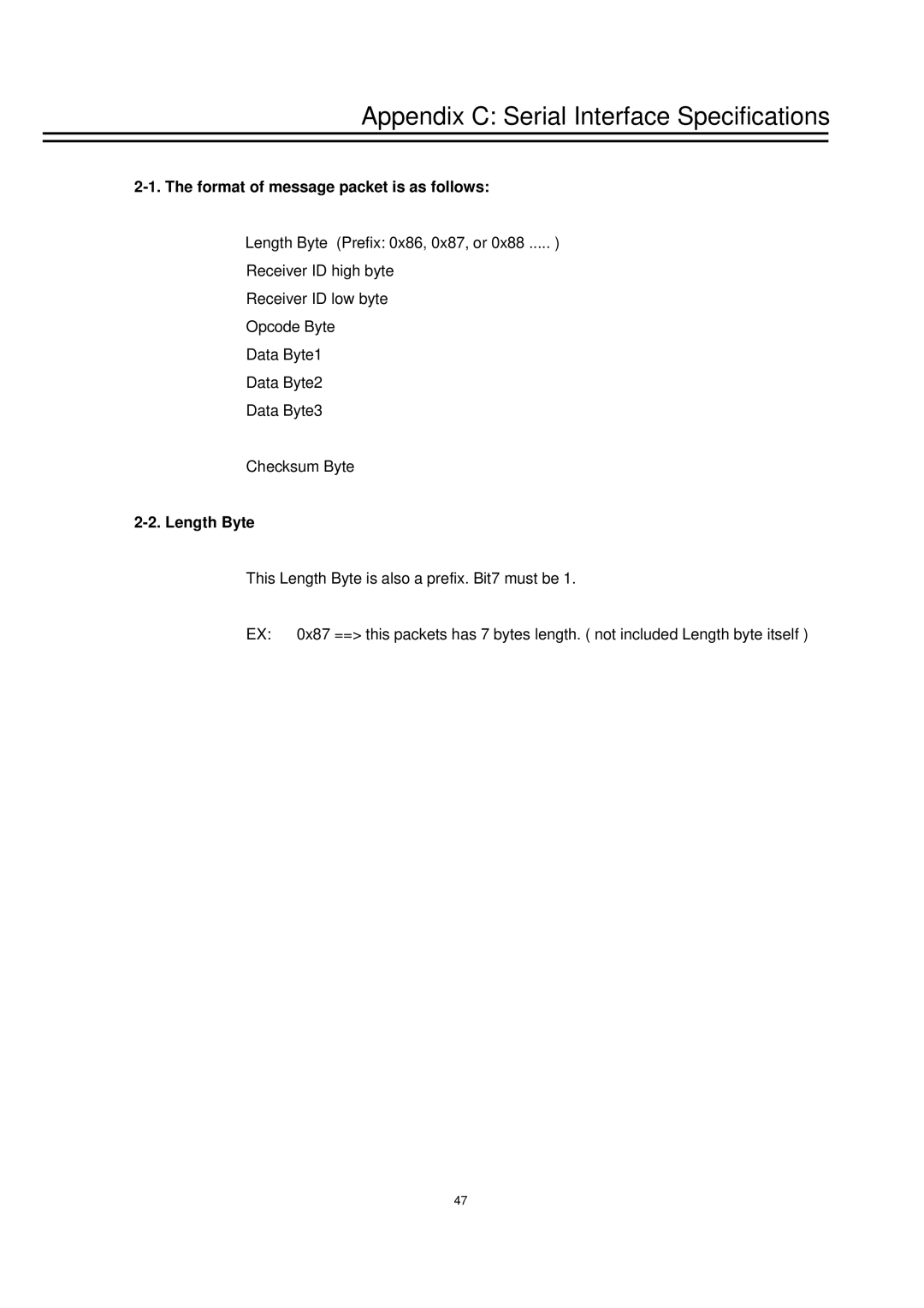 EverFocus EDSR1600 instruction manual Format of message packet is as follows, Length Byte 