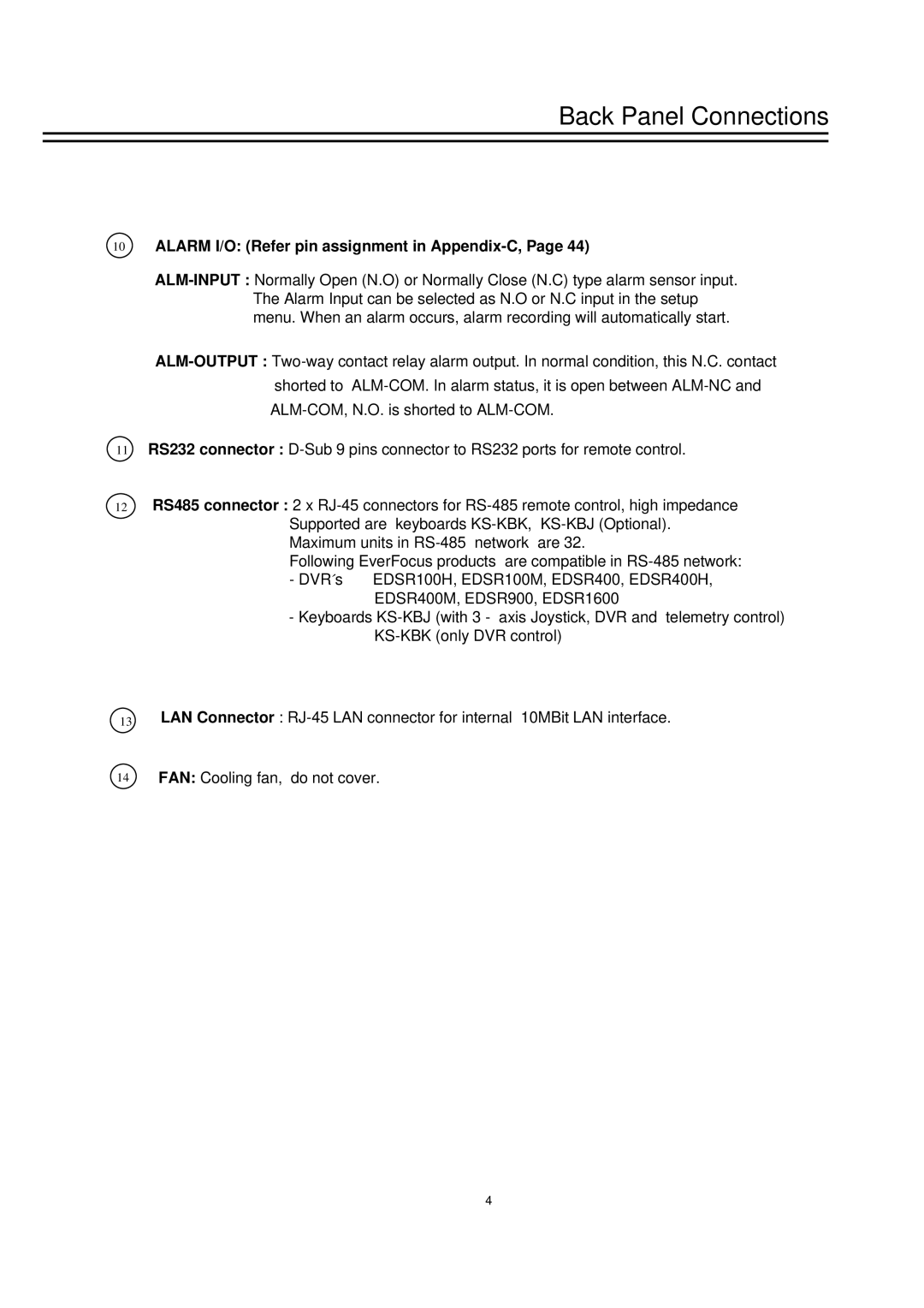 EverFocus EDSR1600 instruction manual Alarm I/O Refer pin assignment in Appendix-C 