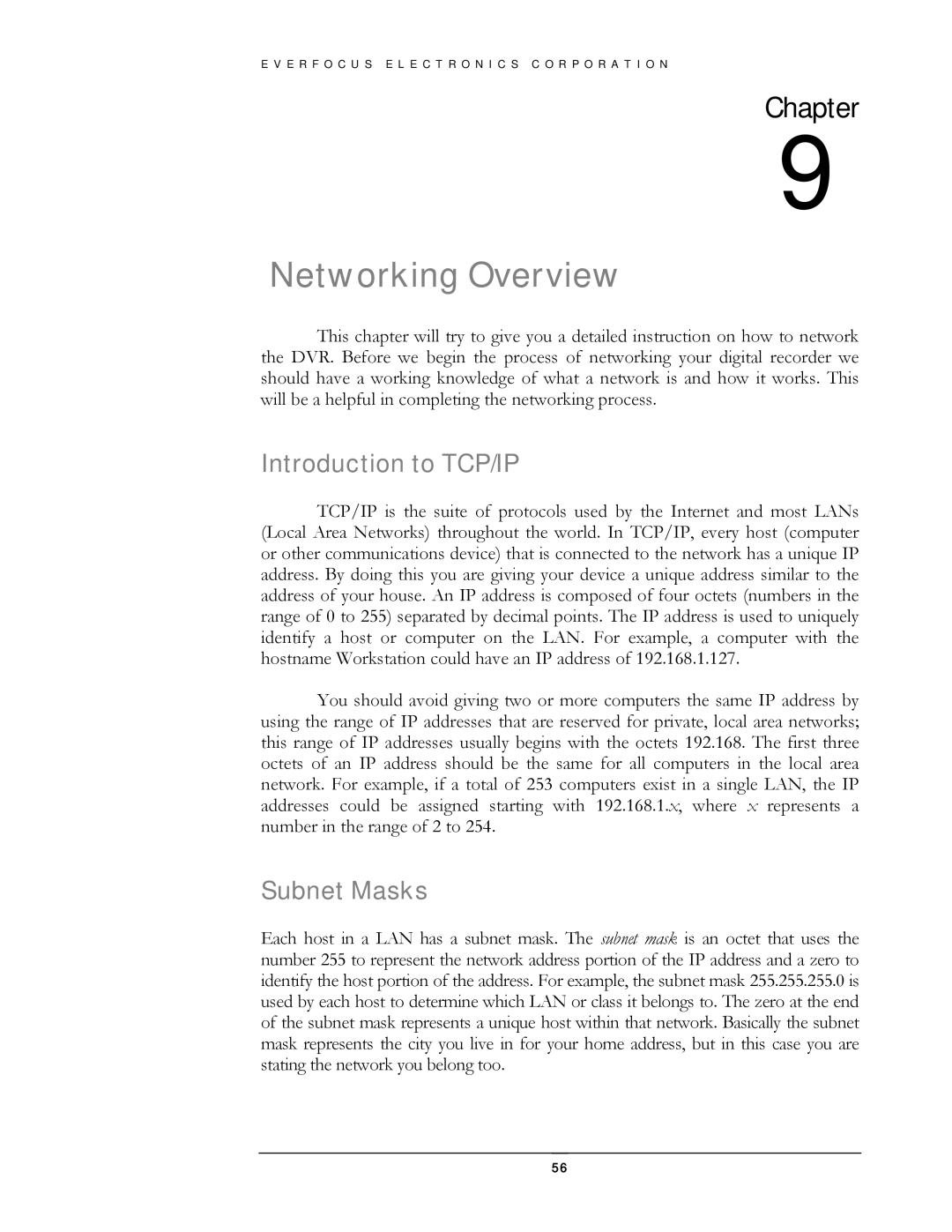 EverFocus EDSR400H instruction manual Networking Overview, Introduction to TCP/IP, Subnet Masks 