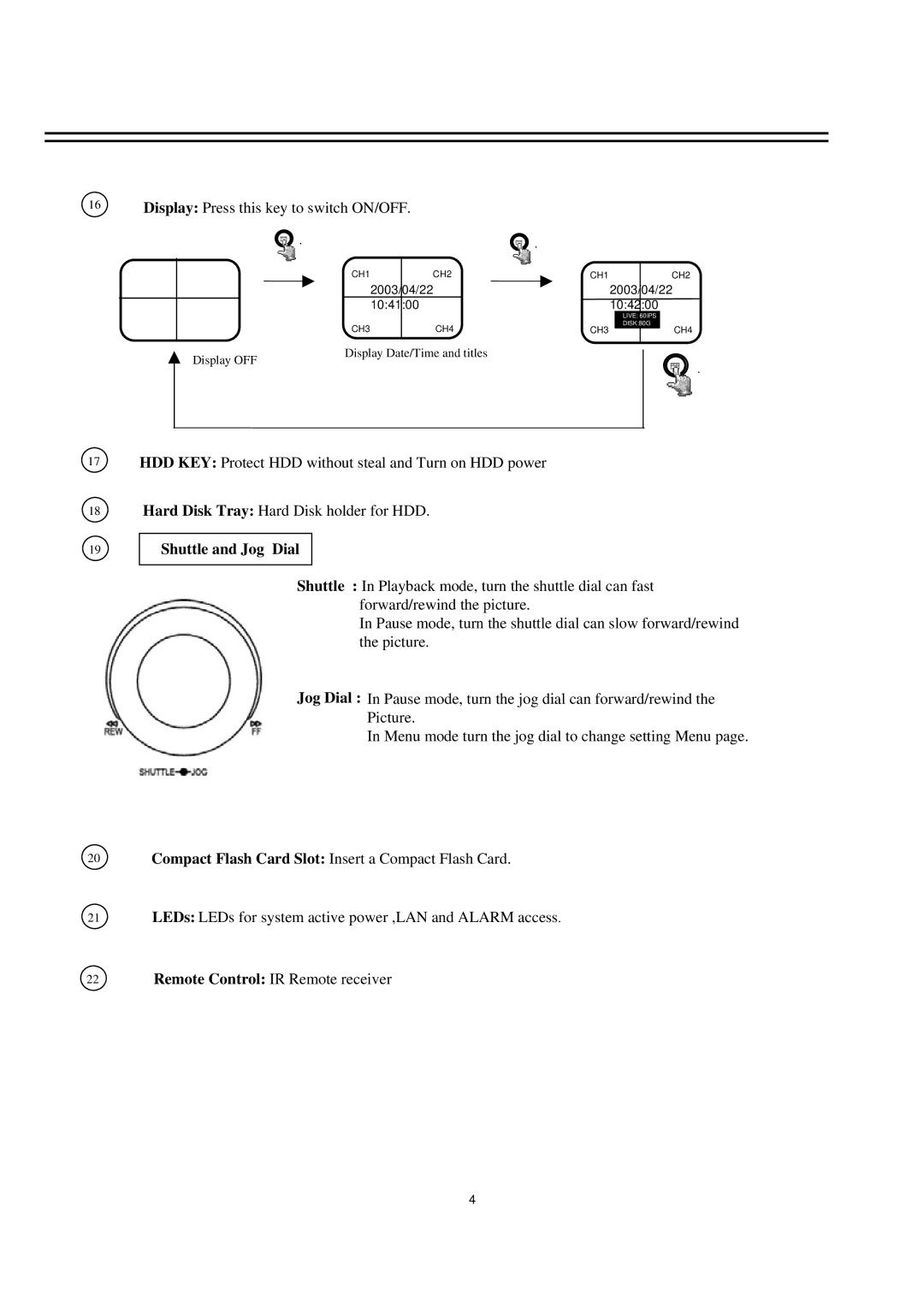 EverFocus EDSR400M instruction manual Display Press this key to switch ON/OFF, Shuttle and Jog Dial 