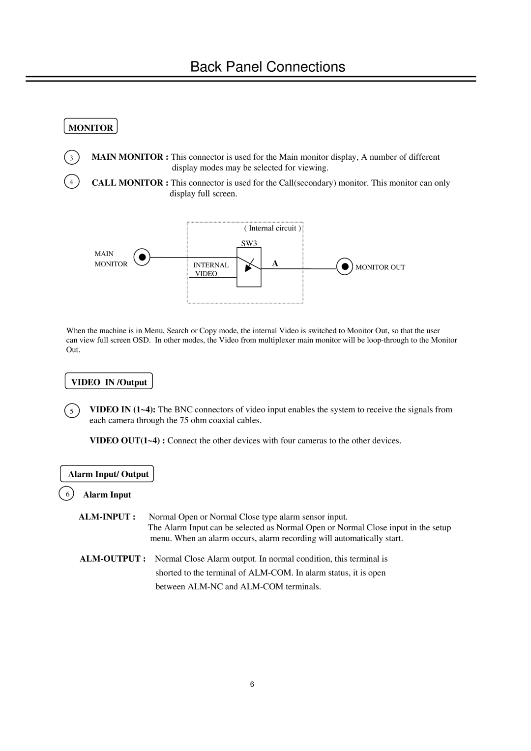 EverFocus EDSR400M instruction manual Back Panel Connections, Monitor, Video in /Output, Alarm Input/ Output 