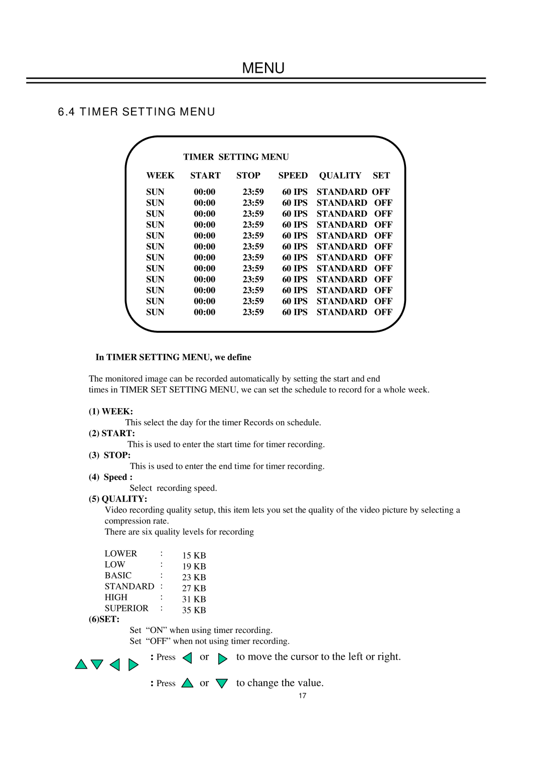 EverFocus EDSR400M instruction manual Timer Setting Menu Week Start Stop Speed Quality SET SUN, Standard OFF SUN 