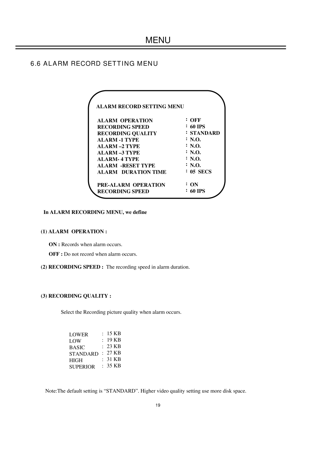 EverFocus EDSR400M instruction manual Alarm Record Setting Menu, Alarm Recording MENU, we define, Standard, Secs 60 IPS 