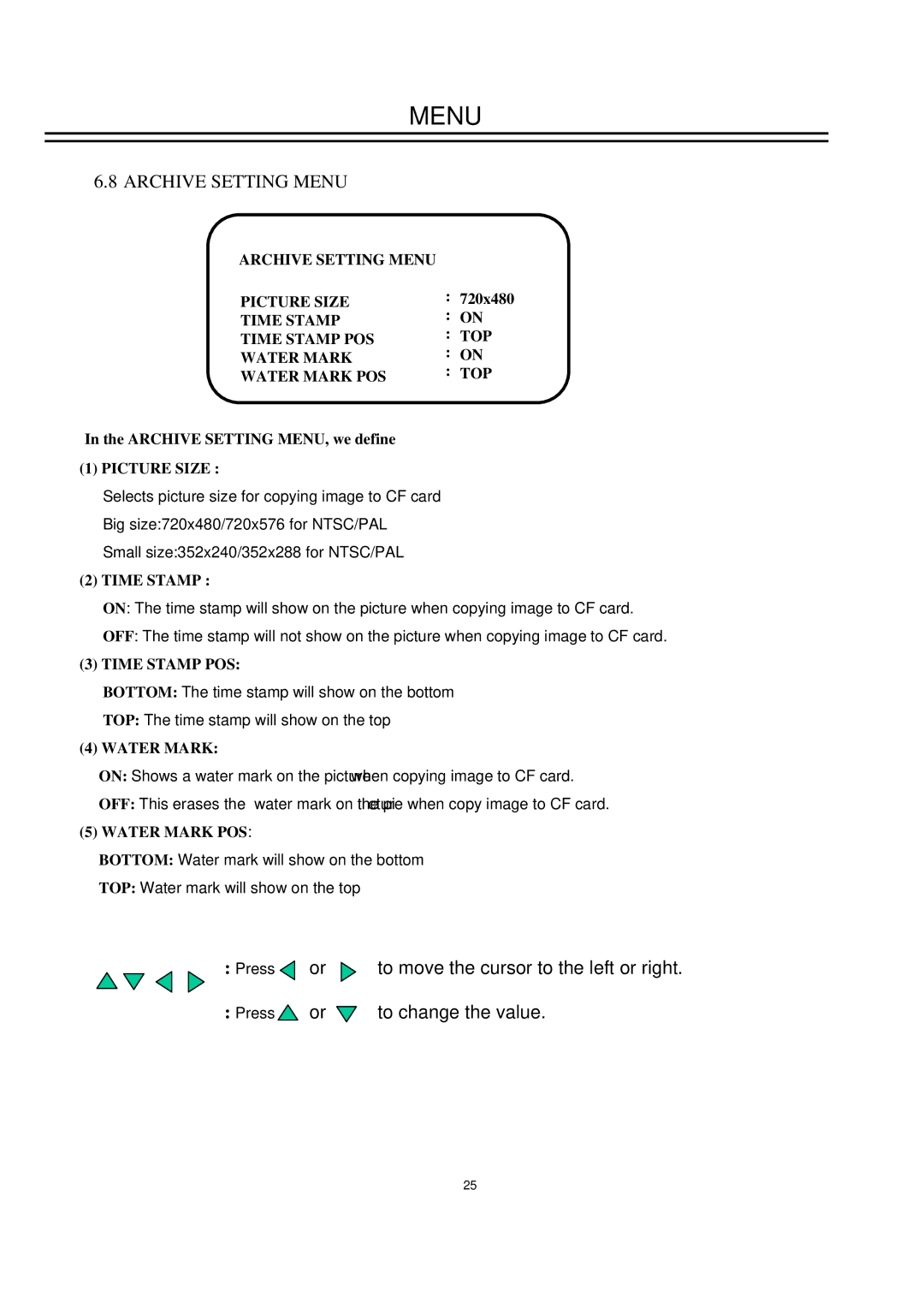 EverFocus EDSR400M instruction manual Archive Setting Menu, Archive Setting MENU, we define, 720x480, Top 