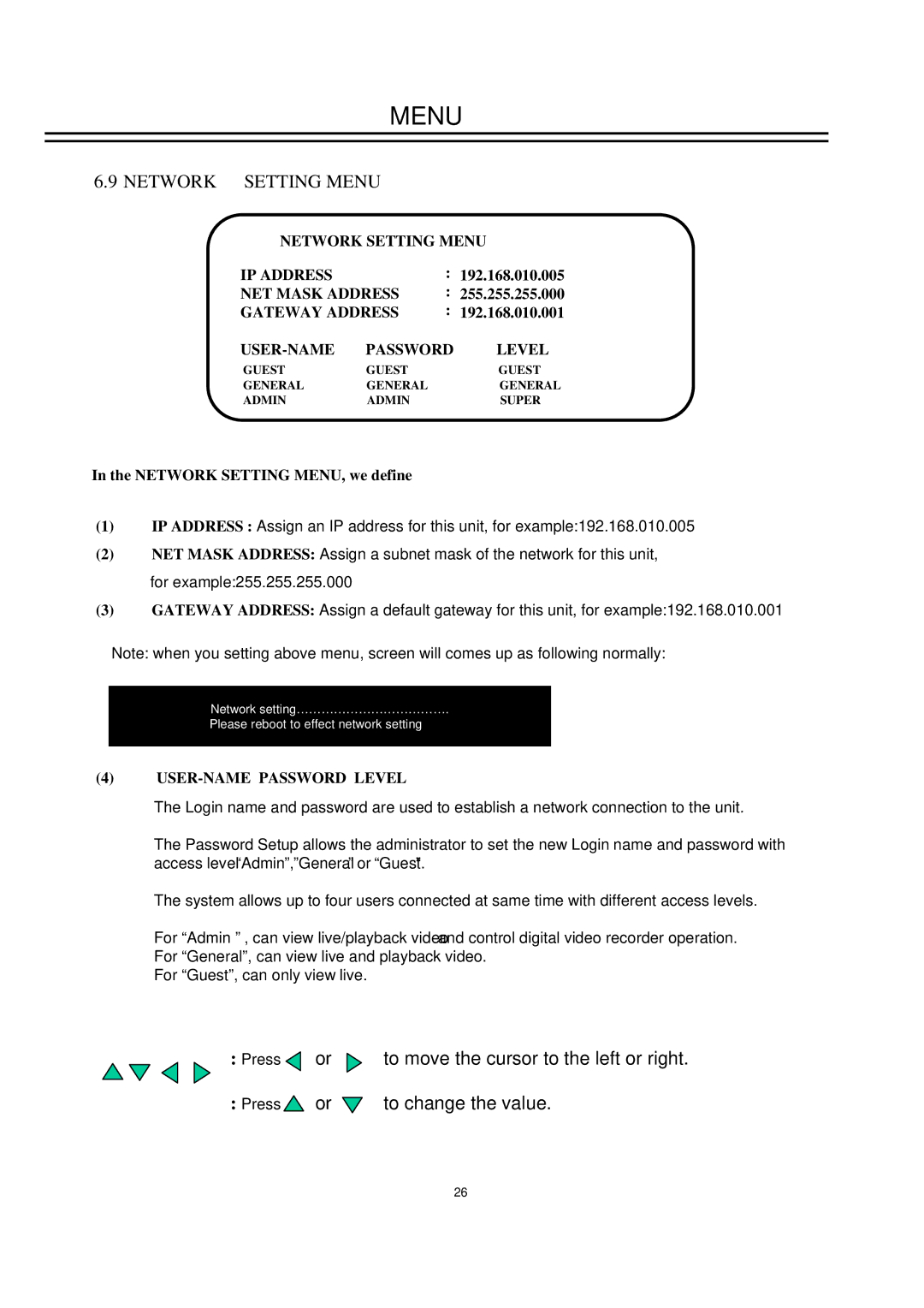 EverFocus EDSR400M Network Setting Menu IP Address, NET Mask Address, Gateway Address, USER-NAME Password Level 