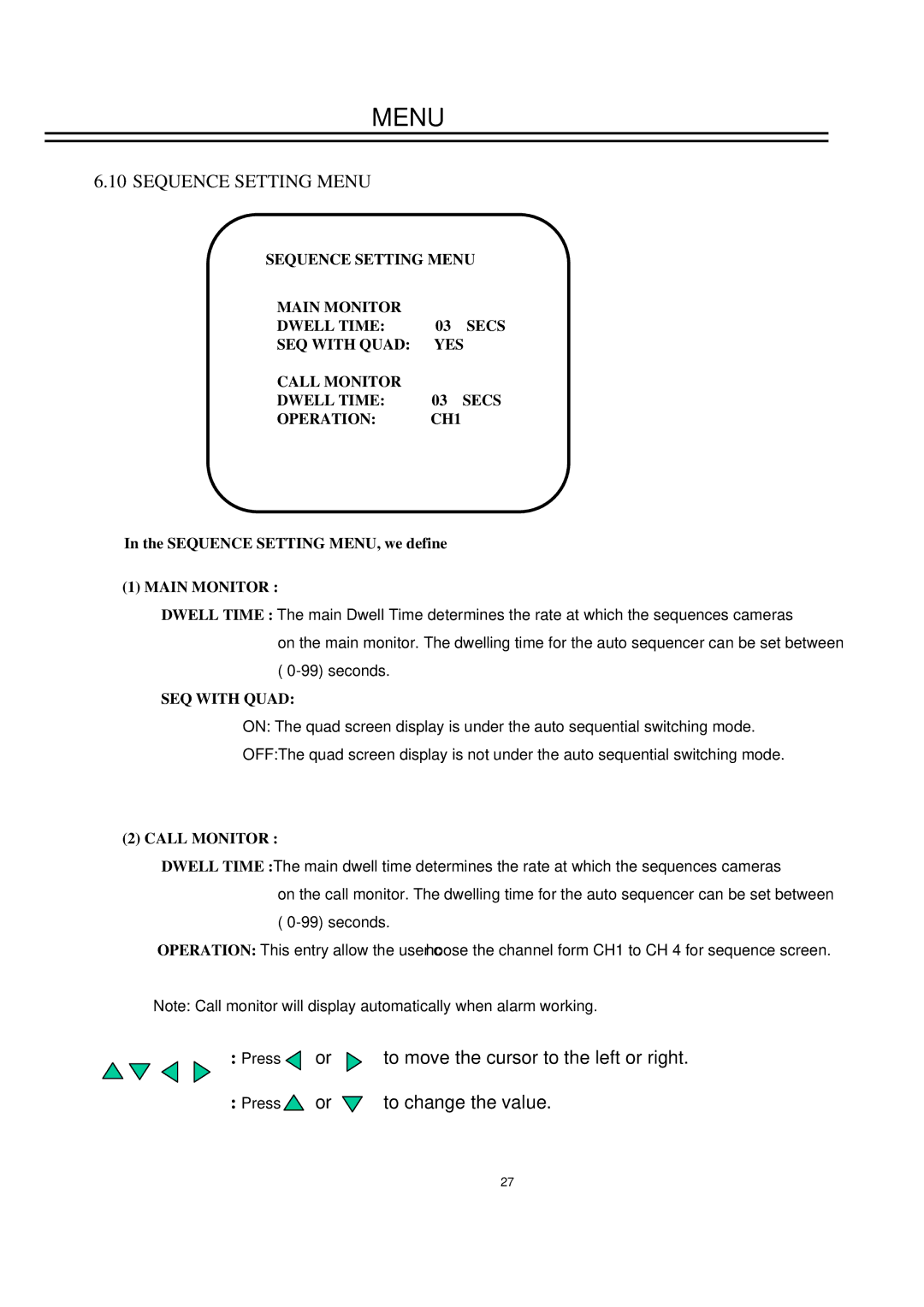 EverFocus EDSR400M instruction manual Sequence Setting Menu, Sequence Setting MENU, we define, SEQ with Quad 