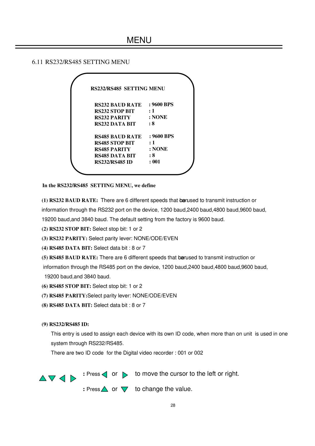 EverFocus EDSR400M instruction manual 11 RS232/RS485 Setting Menu, RS232/RS485 Setting Menu RS232 Baud Rate 