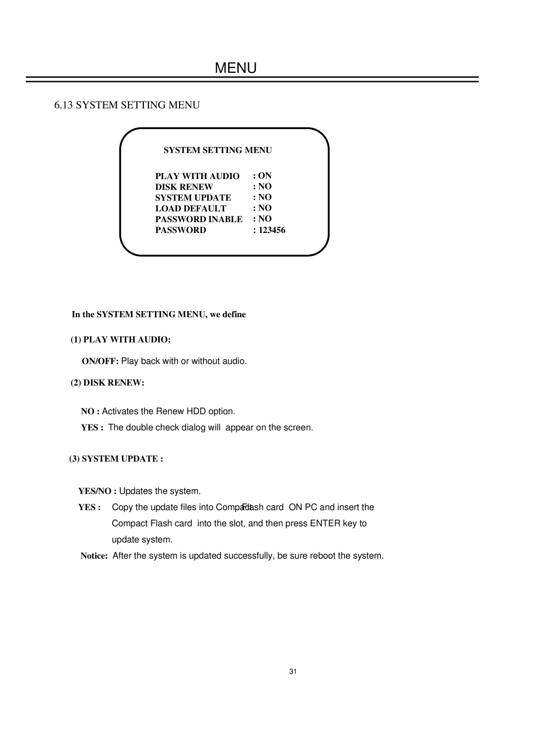 EverFocus EDSR400M instruction manual System Setting Menu, System Setting MENU, we define, 123456 