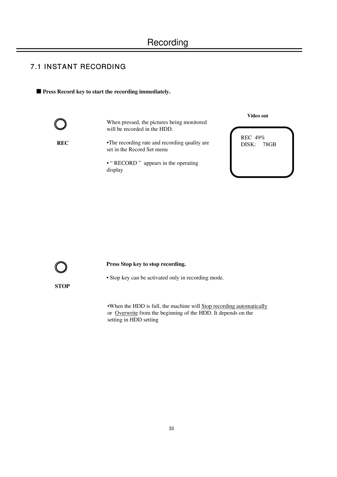 EverFocus EDSR400M instruction manual Instant Recording, Press Record key to start the recording immediately 