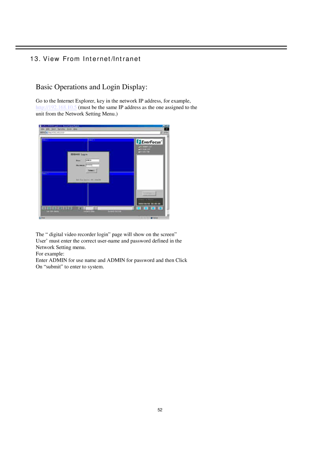 EverFocus EDSR400M instruction manual Basic Operations and Login Display, View From Internet/Intranet 