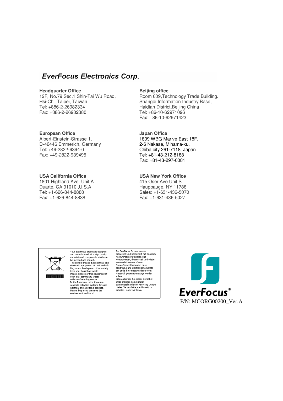 EverFocus EDVR 9D1, EDVR 4D1, RS232, EDVR 16D1, ECOR 8, ECOR 4, ECOR Series instruction manual MCORG00200Ver.A 