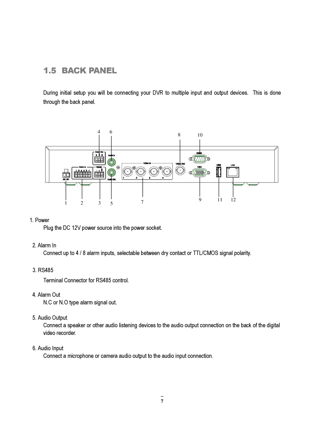 EverFocus EDVR 9D1, EDVR 4D1, RS232, EDVR 16D1, ECOR 8, ECOR 4, ECOR Series instruction manual Back Panel 