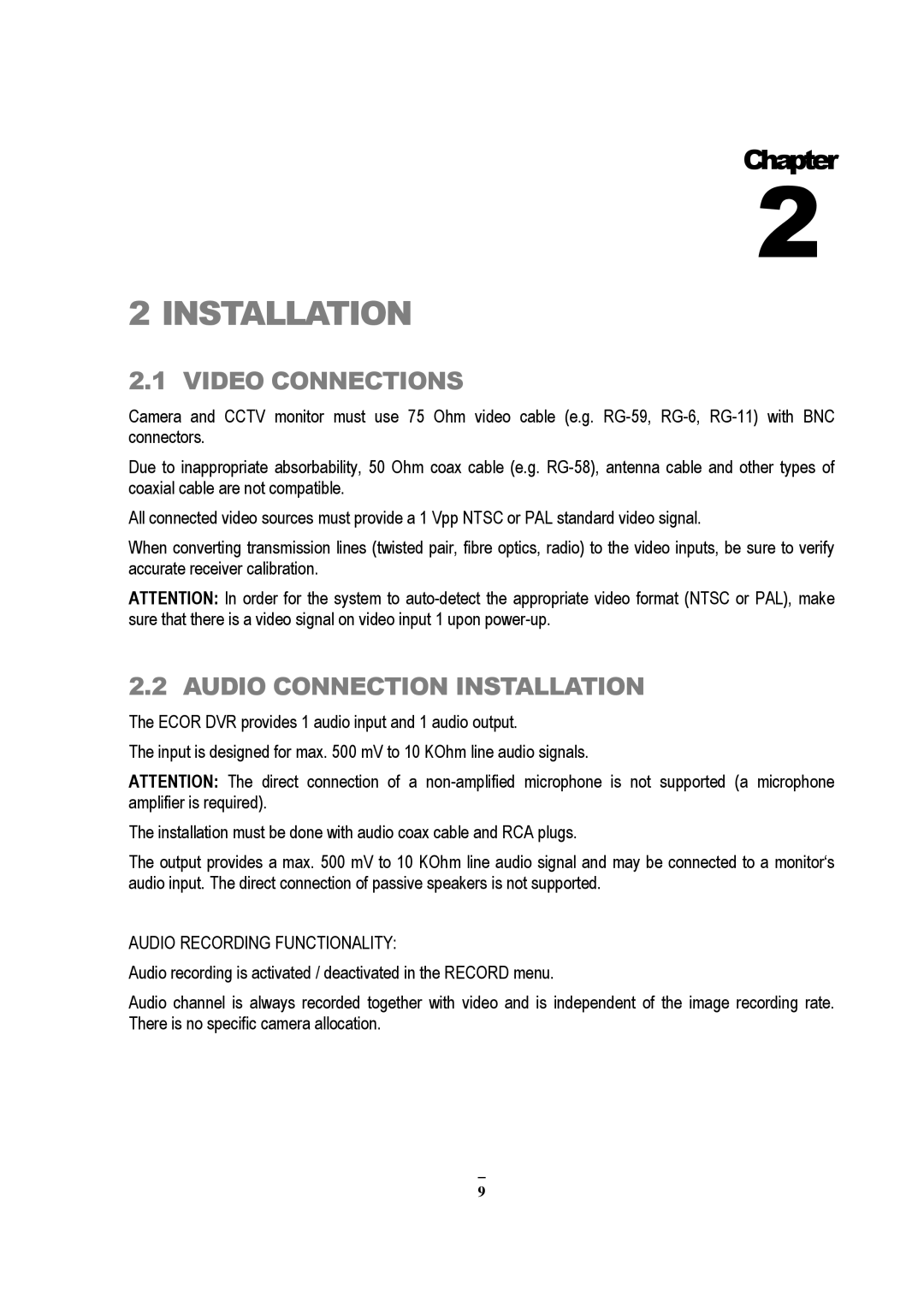 EverFocus RS232, EDVR 9D1, EDVR 4D1, EDVR 16D1, ECOR 8, ECOR 4 Video Connections, Audio Connection Installation 