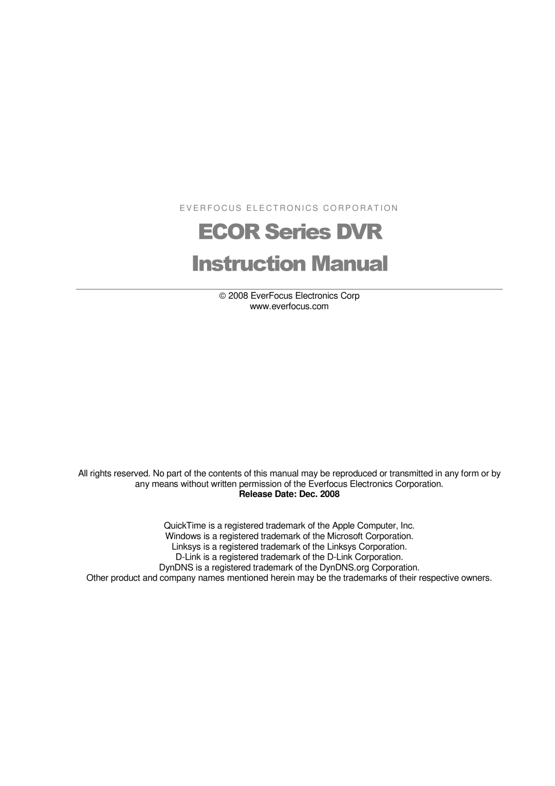 EverFocus RS232, EDVR 9D1, EDVR 4D1, EDVR 16D1, ECOR 8, ECOR 4, ECOR Series instruction manual Ecor Series DVR 