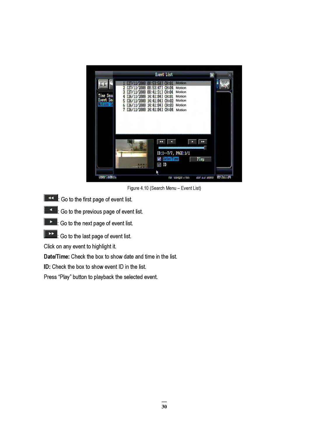 EverFocus RS232, EDVR 9D1, EDVR 4D1, EDVR 16D1, ECOR 8, ECOR 4, ECOR Series instruction manual Search Menu Event List 