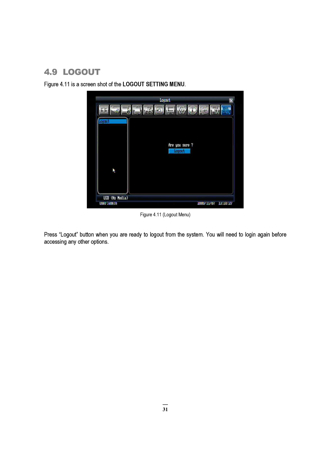 EverFocus EDVR 16D1, EDVR 9D1, EDVR 4D1, RS232, ECOR 8, ECOR 4, ECOR Series is a screen shot of the Logout Setting Menu 