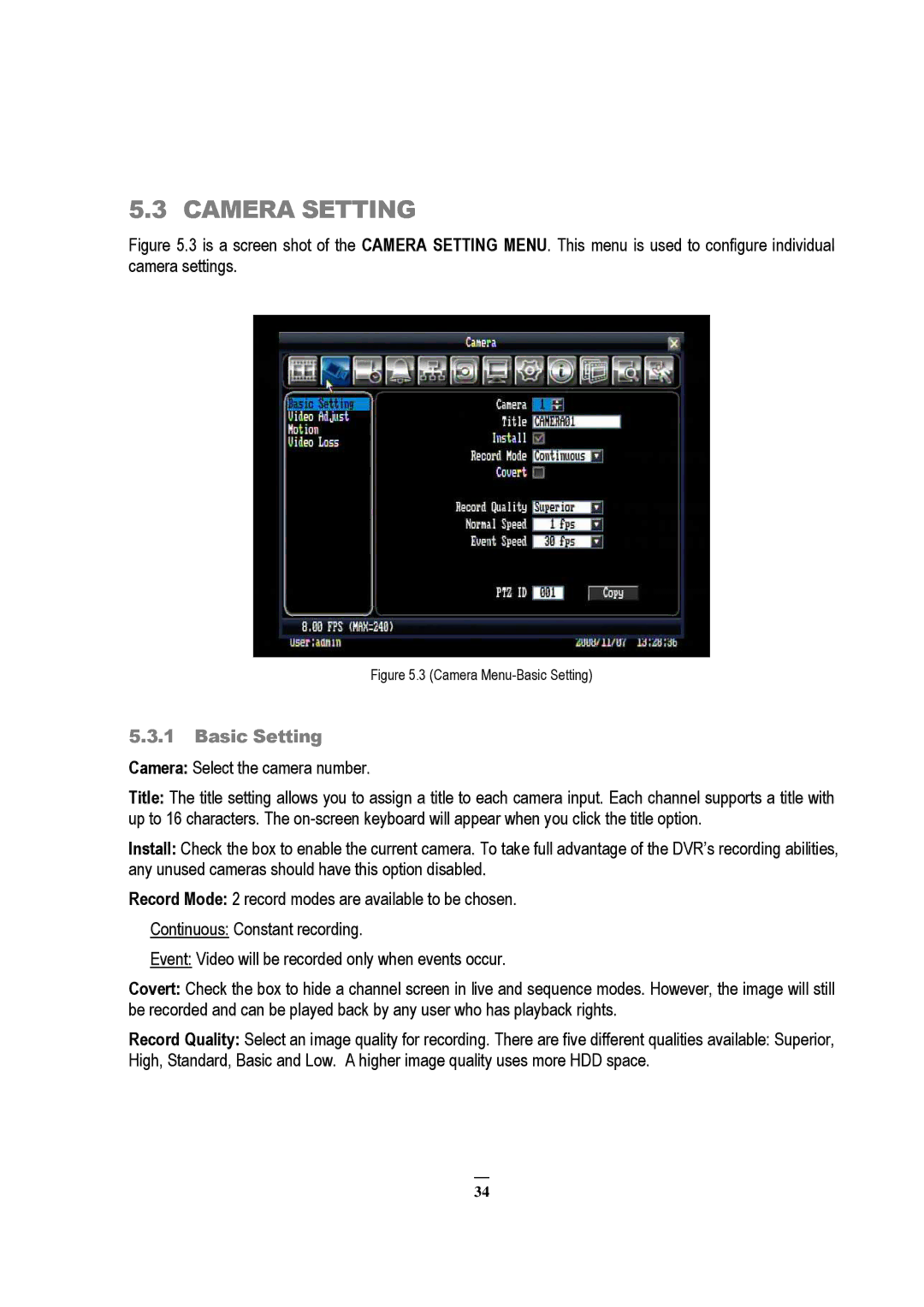 EverFocus ECOR Series, EDVR 9D1, EDVR 4D1, RS232, EDVR 16D1, ECOR 8, ECOR 4 instruction manual Camera Setting, Basic Setting 