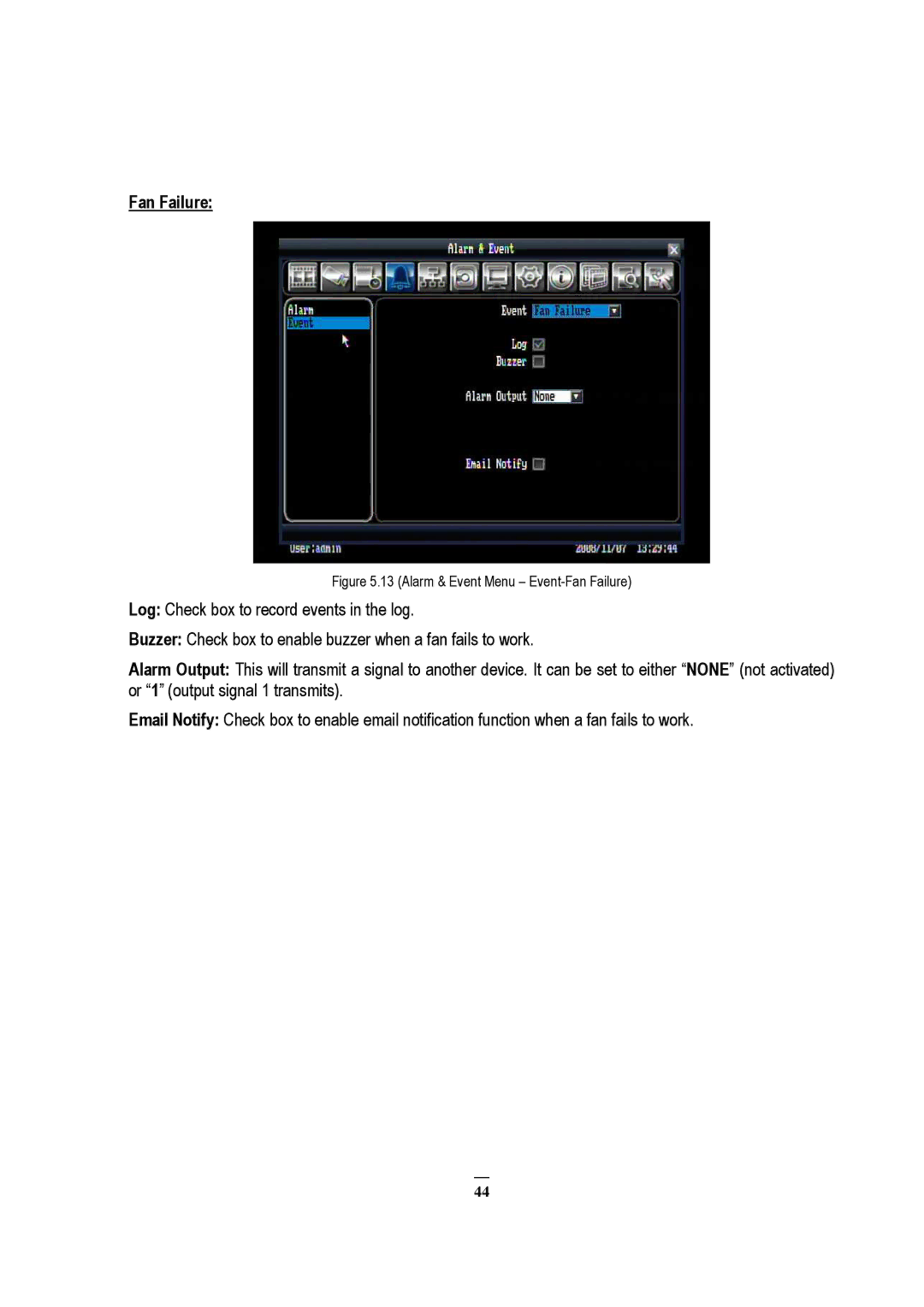 EverFocus RS232, EDVR 9D1, EDVR 4D1, EDVR 16D1, ECOR 8, ECOR 4, ECOR Series Alarm & Event Menu Event-Fan Failure 