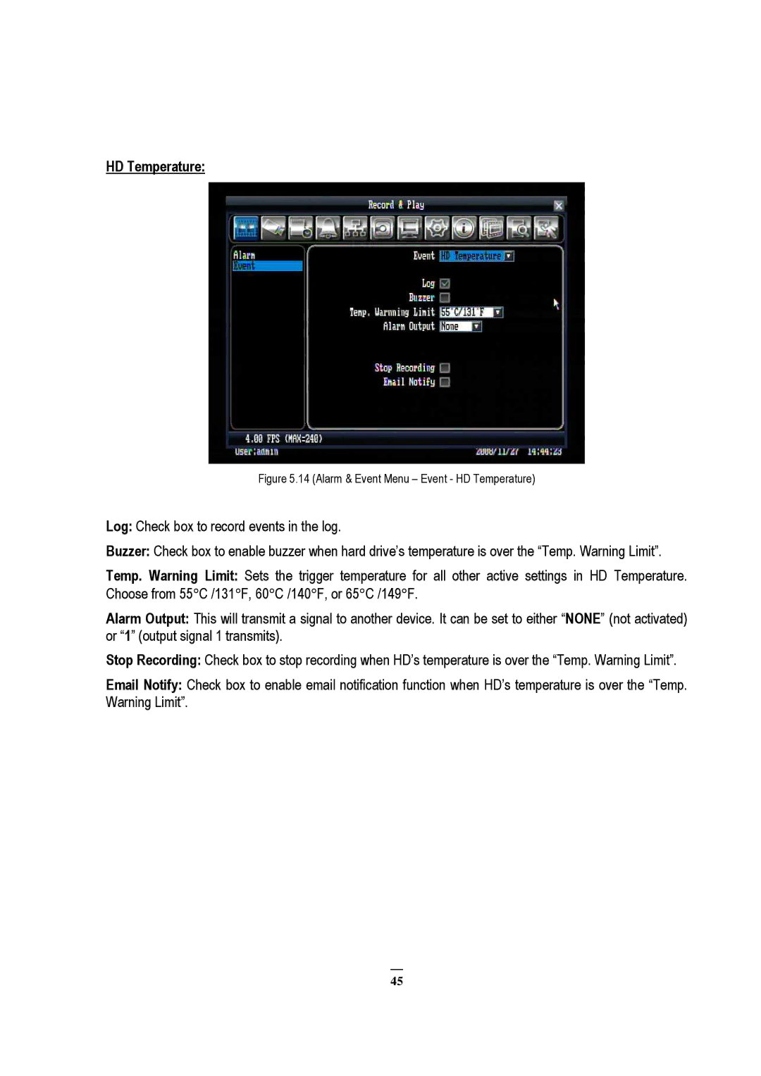 EverFocus EDVR 16D1, EDVR 9D1, EDVR 4D1, RS232, ECOR 8, ECOR 4, ECOR Series Alarm & Event Menu Event HD Temperature 