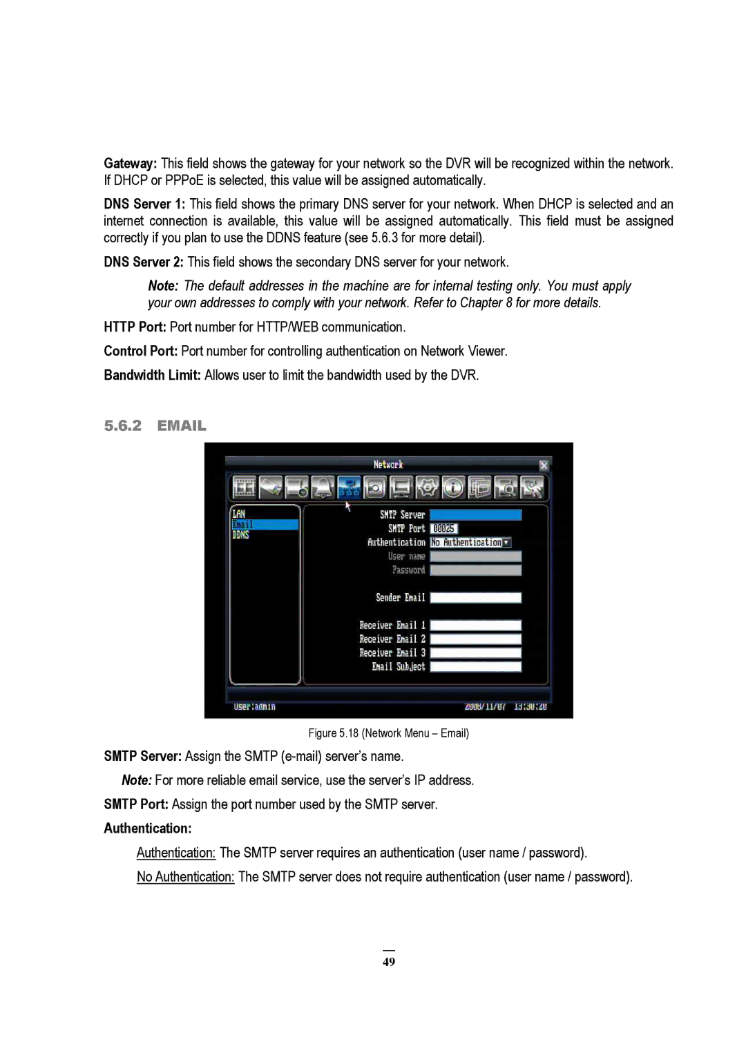 EverFocus EDVR 9D1, EDVR 4D1, RS232, EDVR 16D1, ECOR 8, ECOR 4, ECOR Series instruction manual Authentication, Network Menu Email 