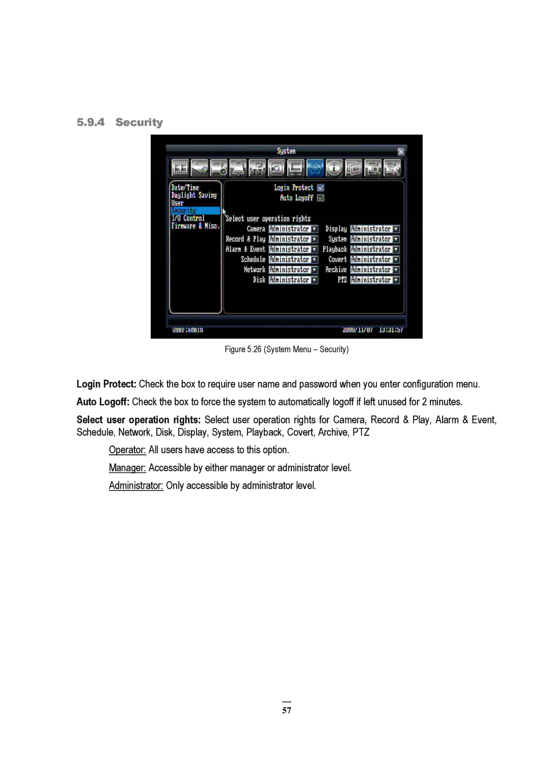 EverFocus EDVR 4D1, EDVR 9D1, RS232, EDVR 16D1, ECOR 8, ECOR 4, ECOR Series instruction manual System Menu Security 