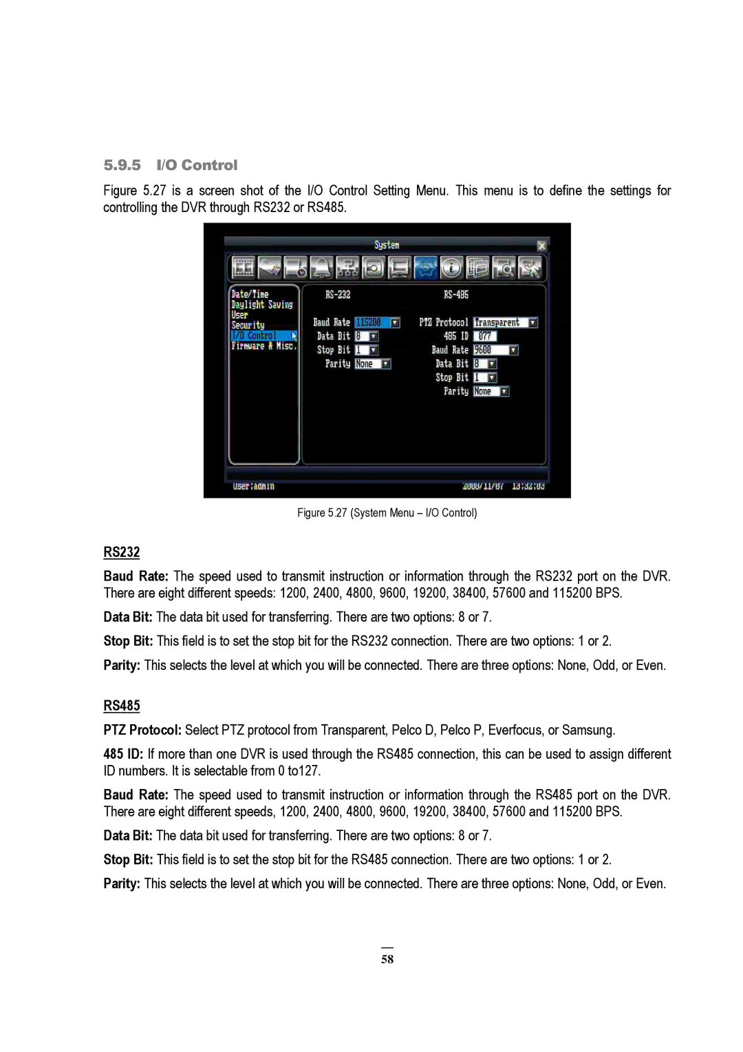 EverFocus RS232, EDVR 9D1, EDVR 4D1, EDVR 16D1, ECOR 8, ECOR 4, ECOR Series instruction manual 5 I/O Control, RS485 