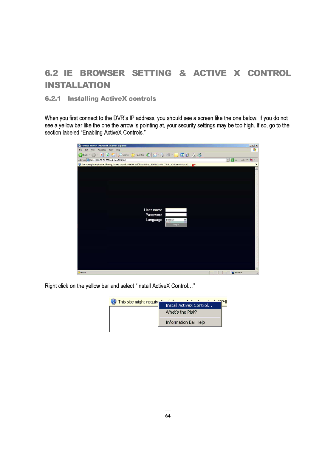 EverFocus EDVR 4D1, EDVR 9D1, RS232, ECOR 8 IE Browser Setting & Active X Control Installation, Installing ActiveX controls 