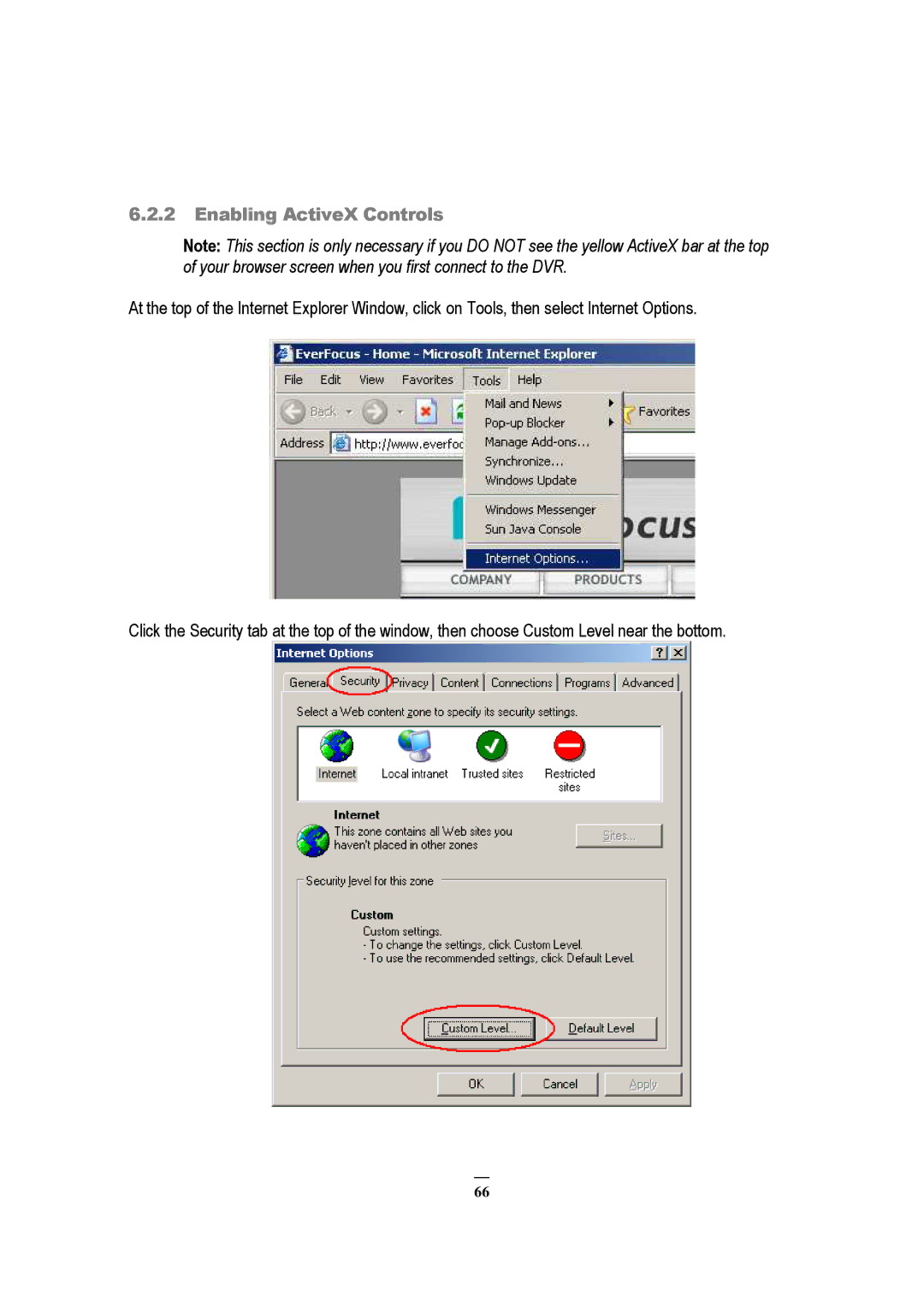 EverFocus EDVR 16D1, EDVR 9D1, EDVR 4D1, RS232, ECOR 8, ECOR 4, ECOR Series instruction manual Enabling ActiveX Controls 