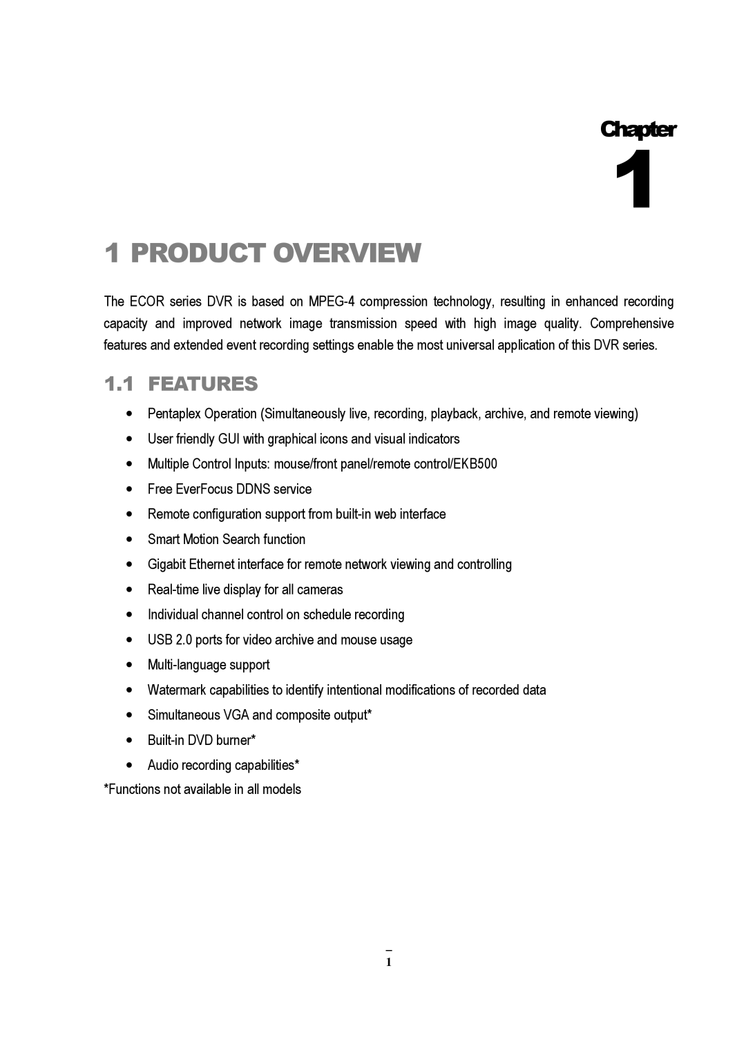 EverFocus EDVR 4D1, EDVR 9D1, RS232, EDVR 16D1, ECOR 8, ECOR 4, ECOR Series instruction manual Product Overview, Features 