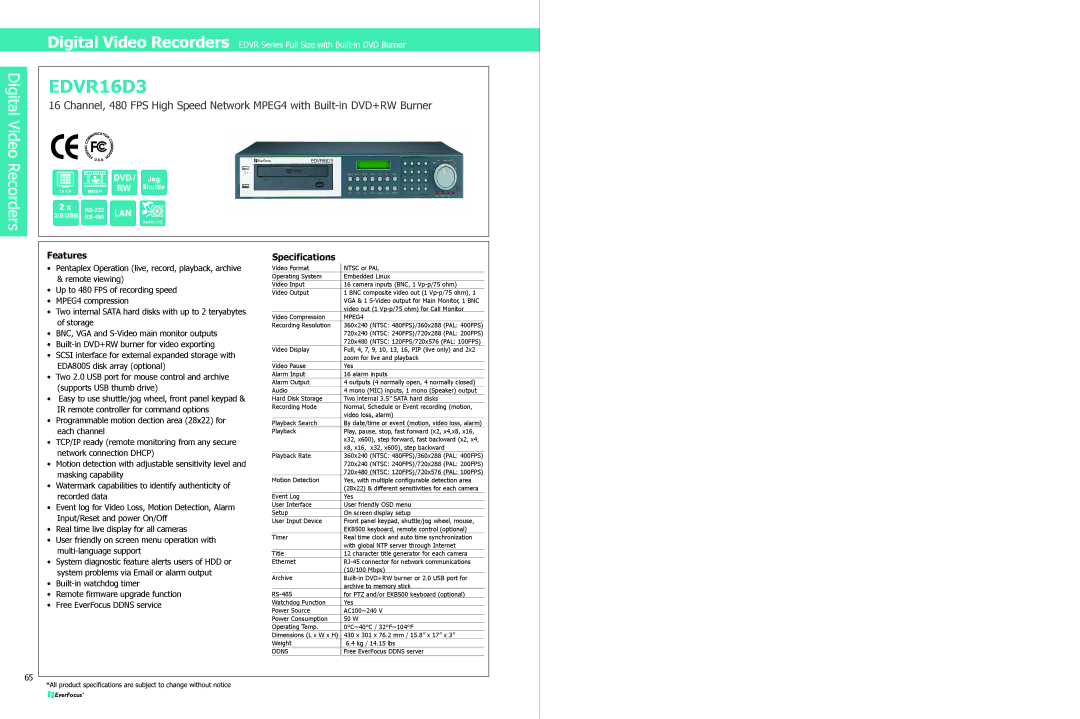 EverFocus EDVR16D3 specifications Features, Specifications, MPEG4, Ddns 