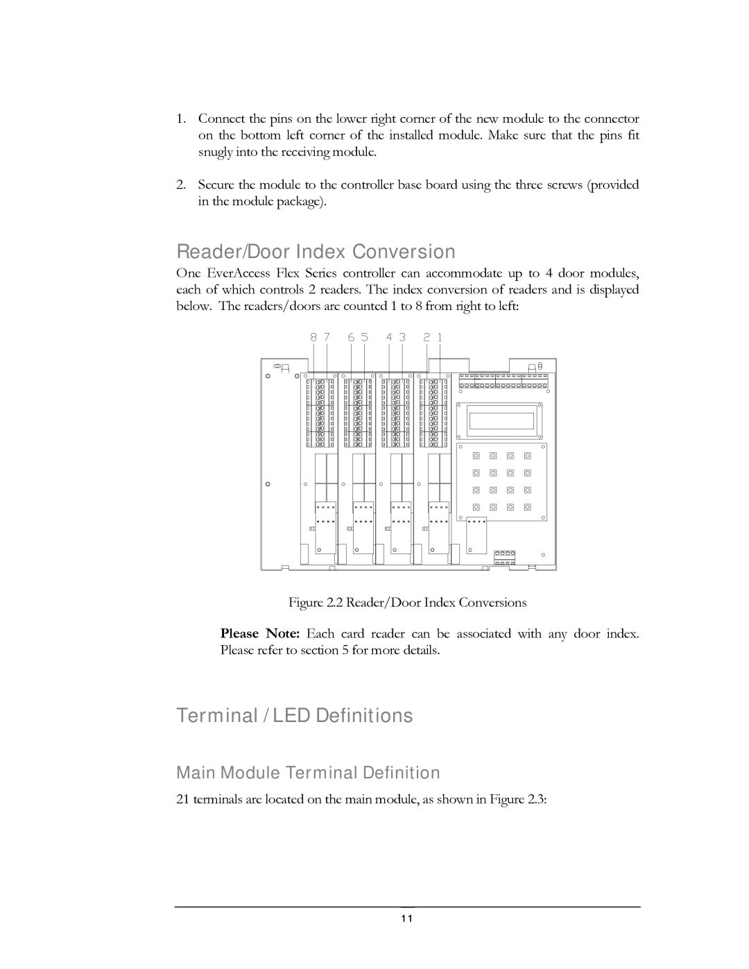 EverFocus EFC--02-1-A user manual Reader/Door Index Conversion, Terminal / LED Definitions, Main Module Terminal Definition 