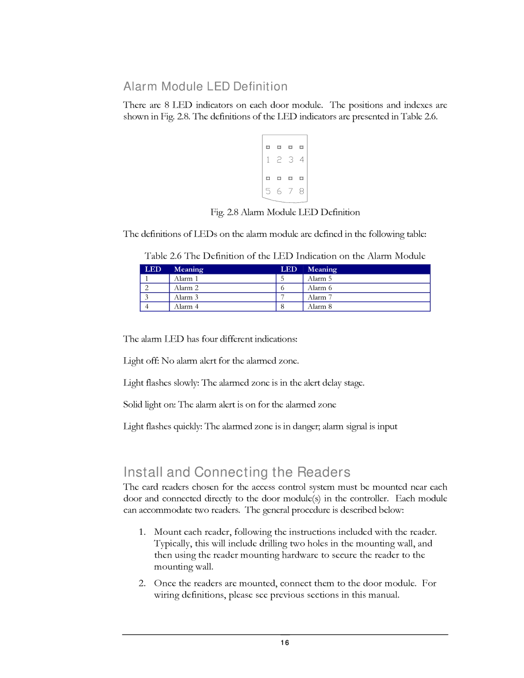 EverFocus EFC--02-1-A user manual Install and Connecting the Readers, Alarm Module LED Definition 