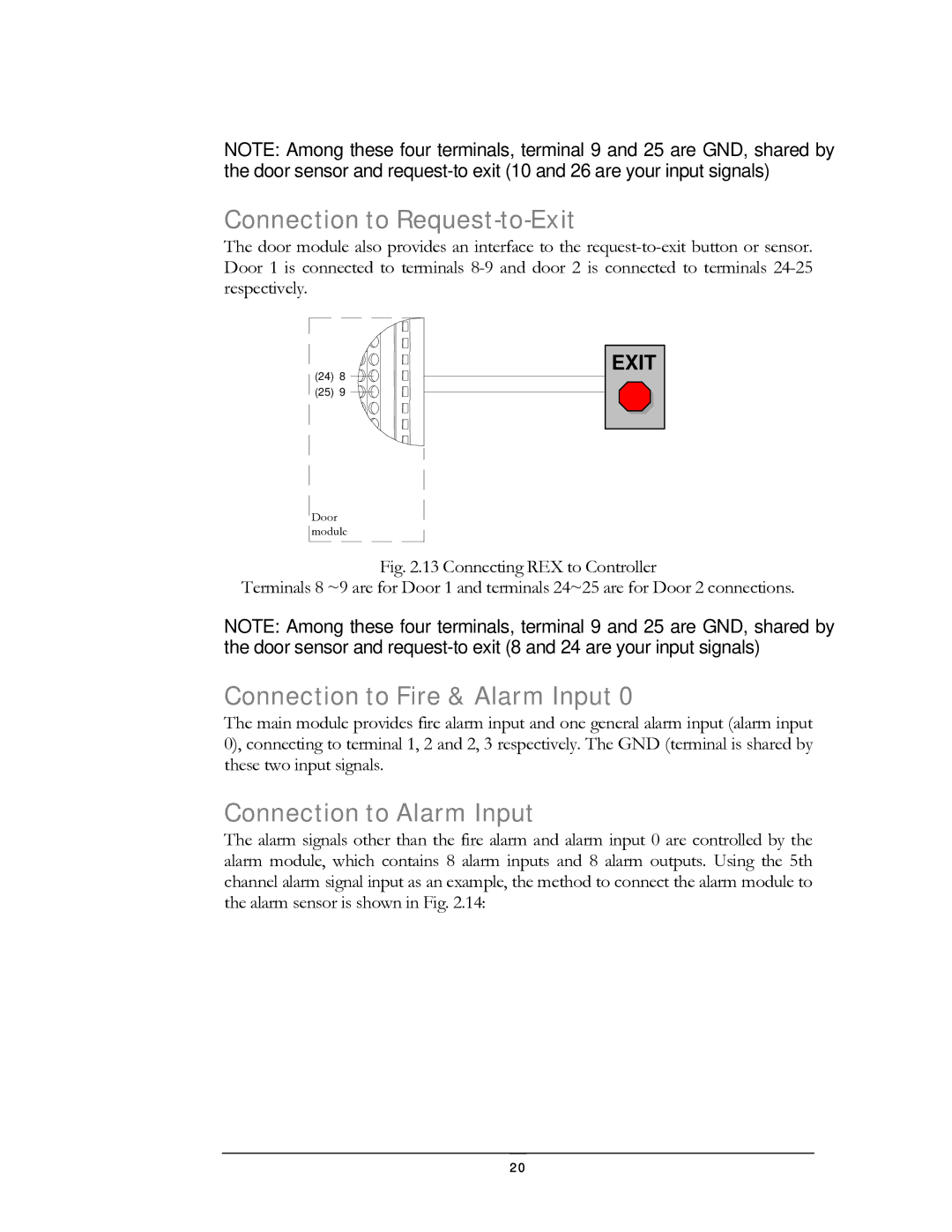 EverFocus EFC--02-1-A Connection to Request-to-Exit, Connection to Fire & Alarm Input, Connection to Alarm Input 