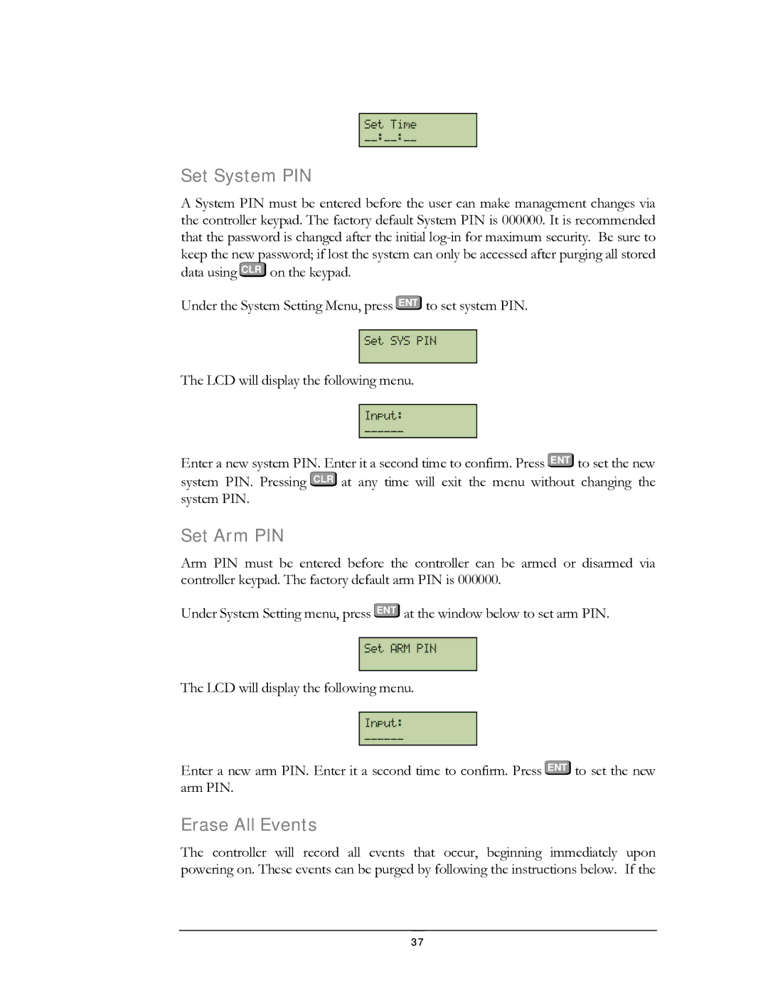 EverFocus EFC--02-1-A user manual Set System PIN, Set Arm PIN, Erase All Events 