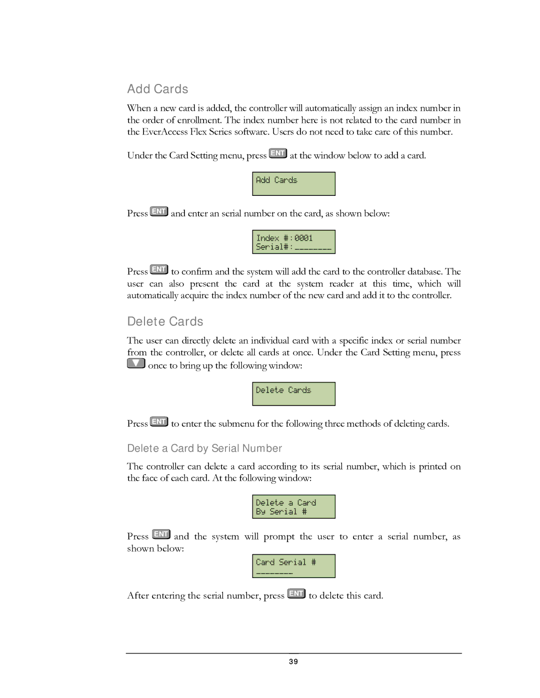 EverFocus EFC--02-1-A user manual Add Cards, Delete Cards, Delete a Card by Serial Number 