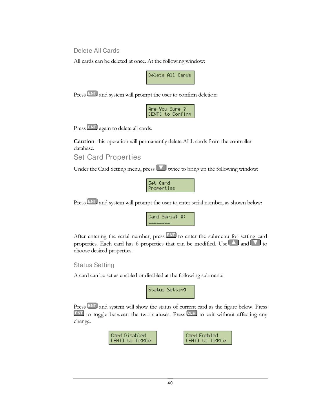 EverFocus EFC--02-1-A user manual Set Card Properties, Delete All Cards, Status Setting 