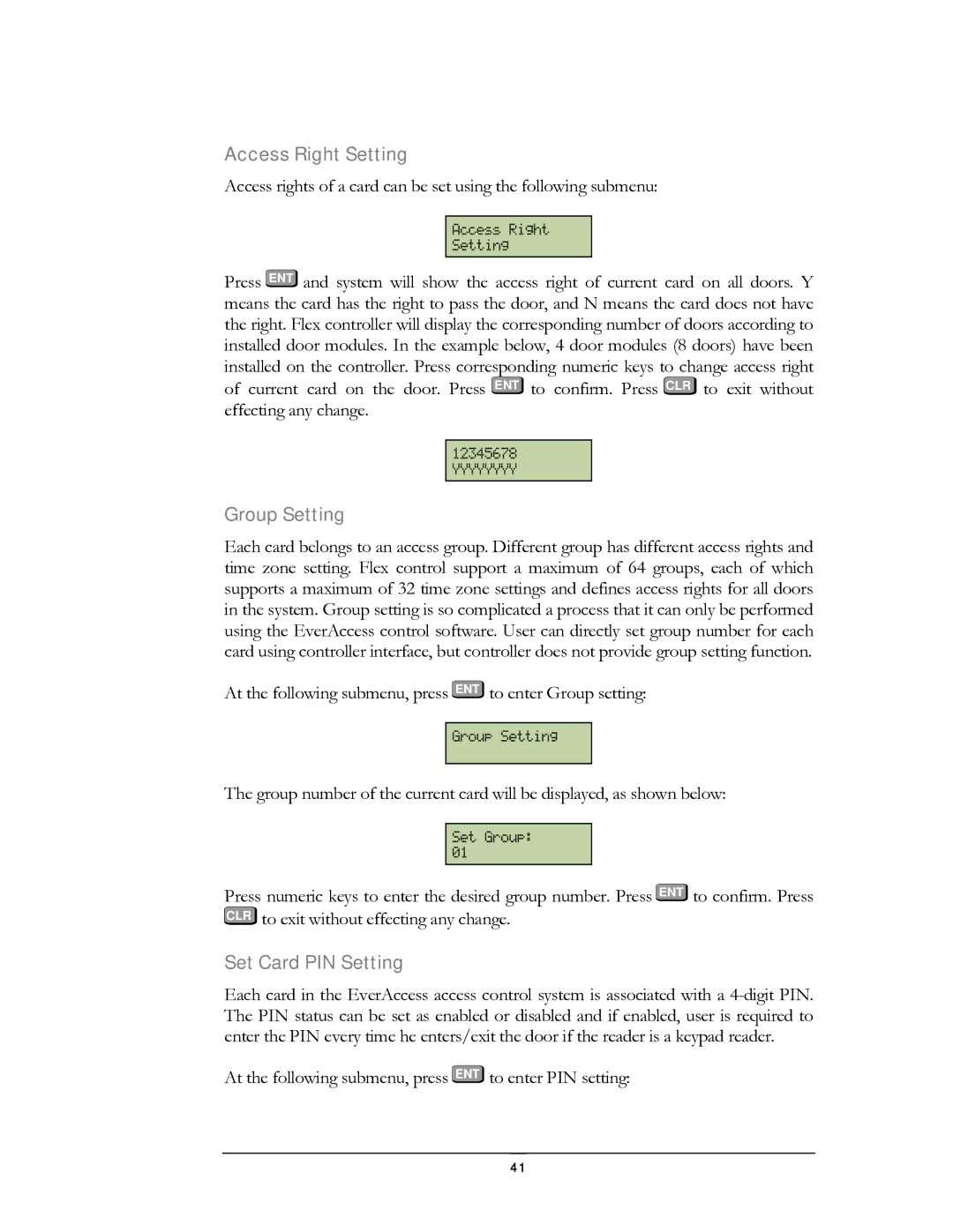 EverFocus EFC--02-1-A user manual Access Right Setting, Group Setting, Set Card PIN Setting 