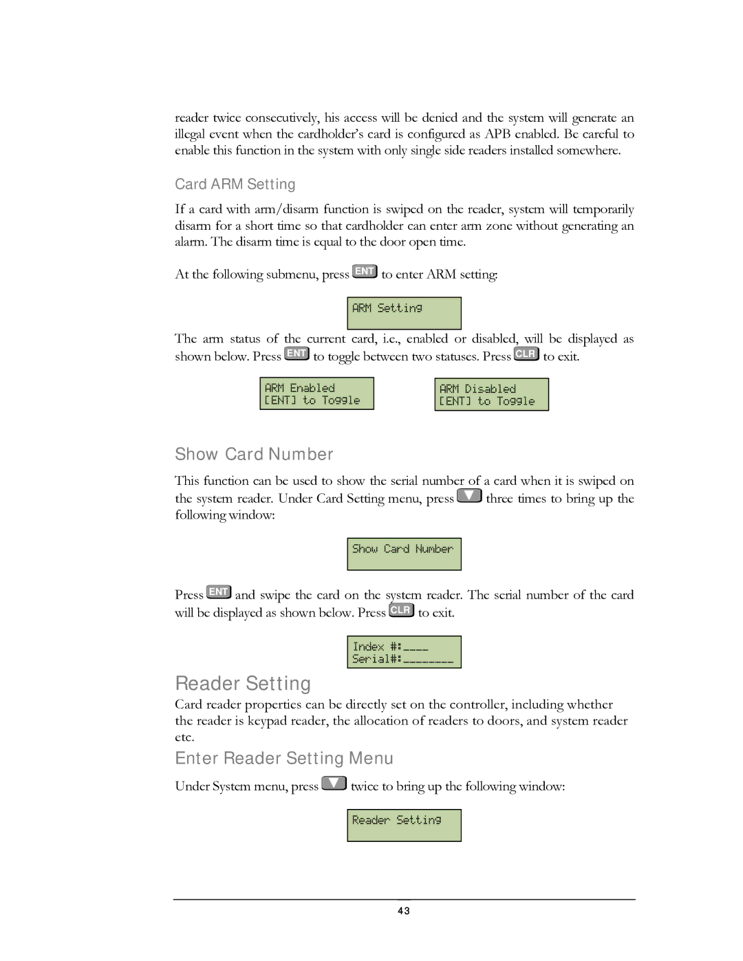 EverFocus EFC--02-1-A user manual Show Card Number, Enter Reader Setting Menu, Card ARM Setting 