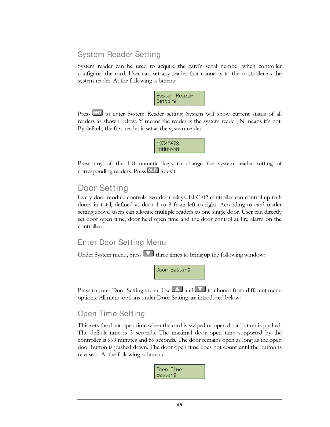 EverFocus EFC--02-1-A user manual System Reader Setting, Enter Door Setting Menu, Open Time Setting 