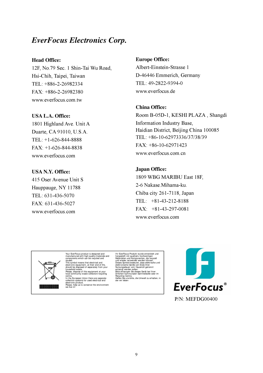 EverFocus EFD300 specifications Head Office, USA L.A. Office USA N.Y. Office Europe Office, China Office, Japan Office 